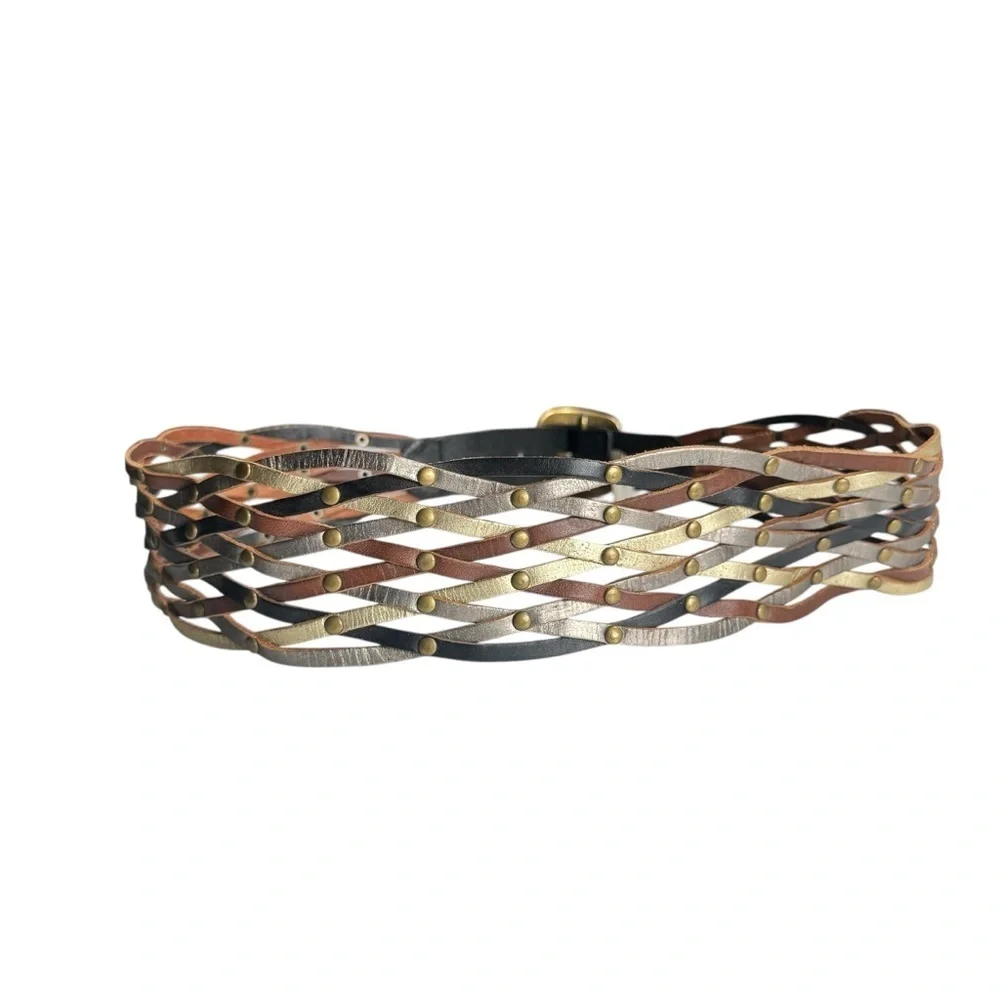 Fossil Genuine Leather Woven Studded Belt, Size Small